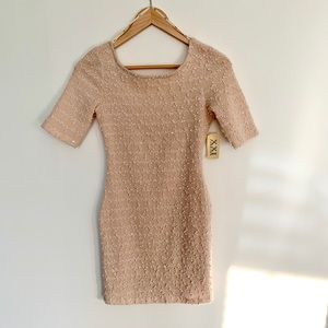 NWT cream sequin and pom fabric bodycon dress